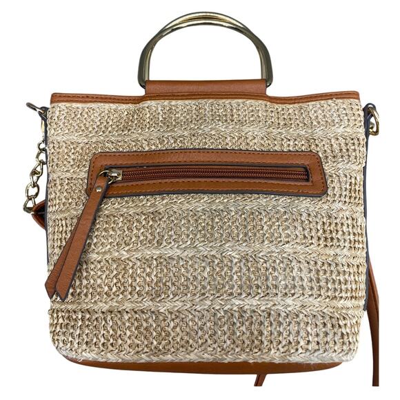 Jessica Simpson Tan Straw Brown Leather Summer Top Handle Crossbody Bag Purse - Picture 3 of 16
